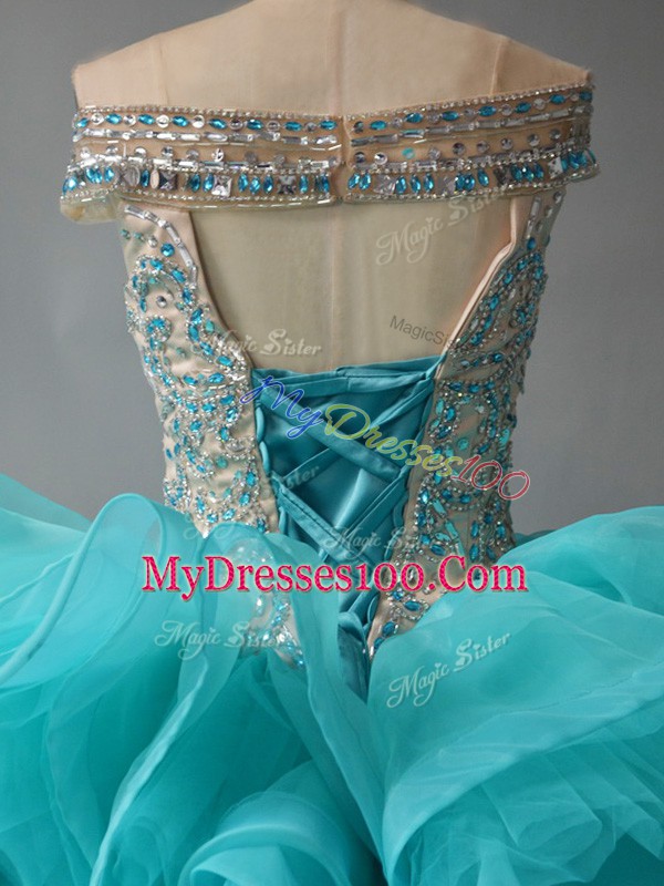 Off The Shoulder Sleeveless Brush Train Lace Up Sweet 16 Quinceanera Dress Aqua Blue Organza