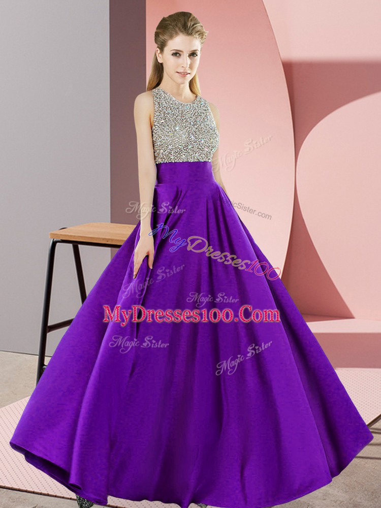Purple Sleeveless Floor Length Beading Backless Prom Evening Gown