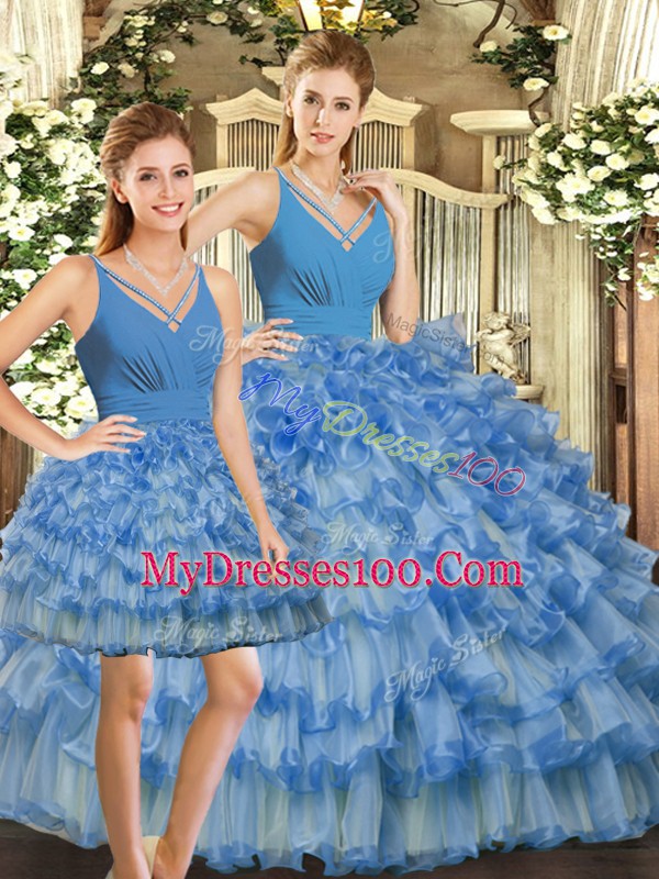 Dramatic Blue Three Pieces V-neck Sleeveless Organza Floor Length Backless Ruffles and Ruffled Layers 15 Quinceanera Dress