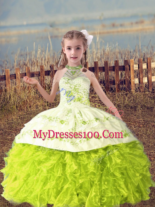 Luxurious Floor Length Yellow Green Pageant Dress for Teens Organza Sleeveless Beading and Embroidery and Ruffles