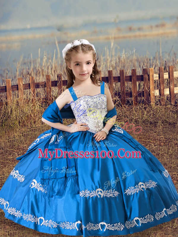 Blue Straps Neckline Beading and Embroidery Kids Formal Wear Sleeveless Lace Up