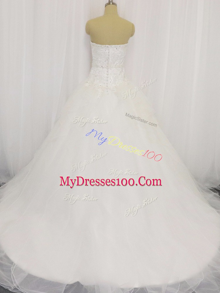 White Organza Clasp Handle Wedding Gowns Sleeveless Court Train Beading and Lace