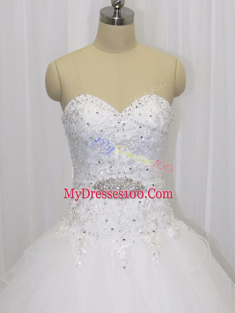 White Organza Clasp Handle Wedding Gowns Sleeveless Court Train Beading and Lace