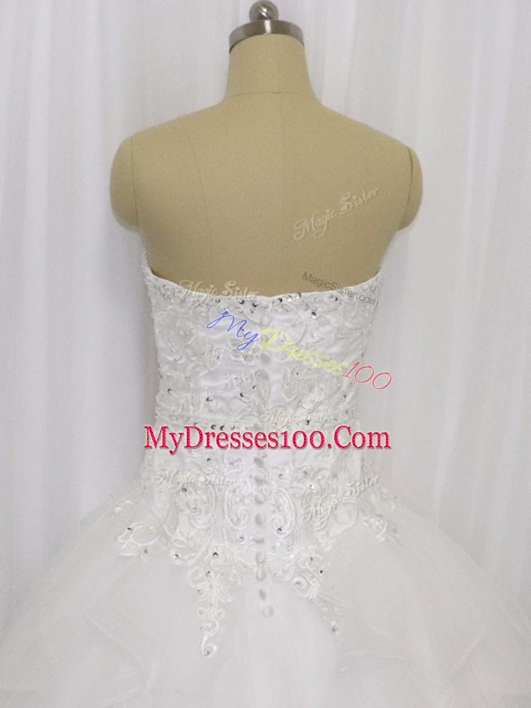 White Organza Clasp Handle Wedding Gowns Sleeveless Court Train Beading and Lace