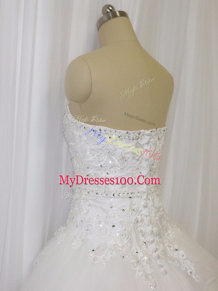 White Organza Clasp Handle Wedding Gowns Sleeveless Court Train Beading and Lace