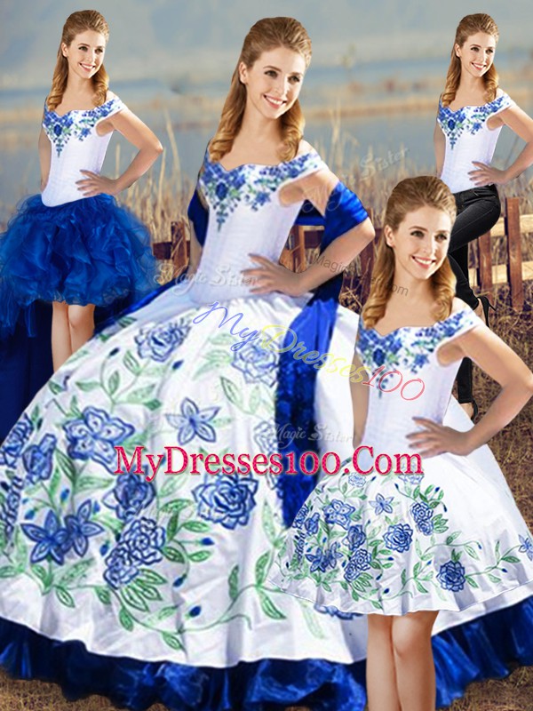 Floor Length Blue And White Sweet 16 Dress Off The Shoulder Sleeveless Lace Up