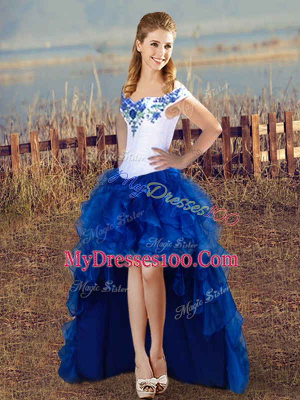 Floor Length Blue And White Sweet 16 Dress Off The Shoulder Sleeveless Lace Up