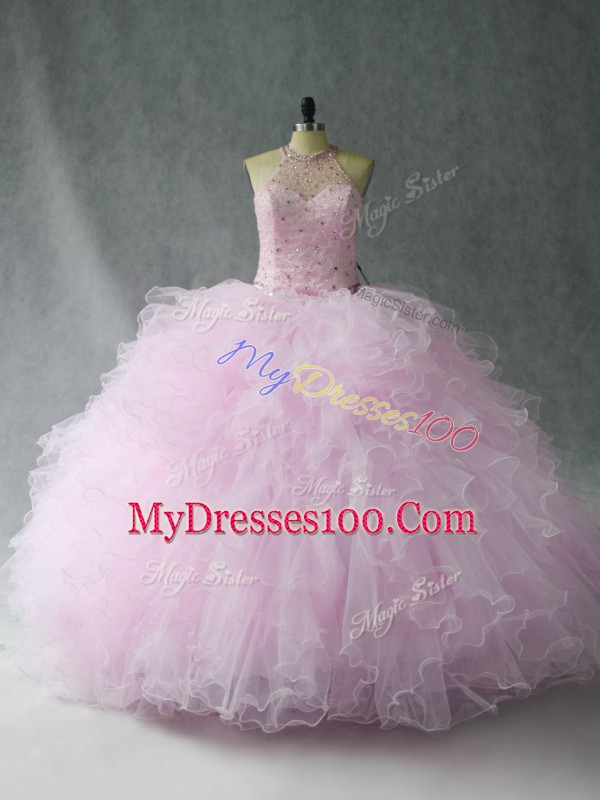 Delicate Pink Lace Up Halter Top Beading and Ruffles 15 Quinceanera Dress Tulle Sleeveless