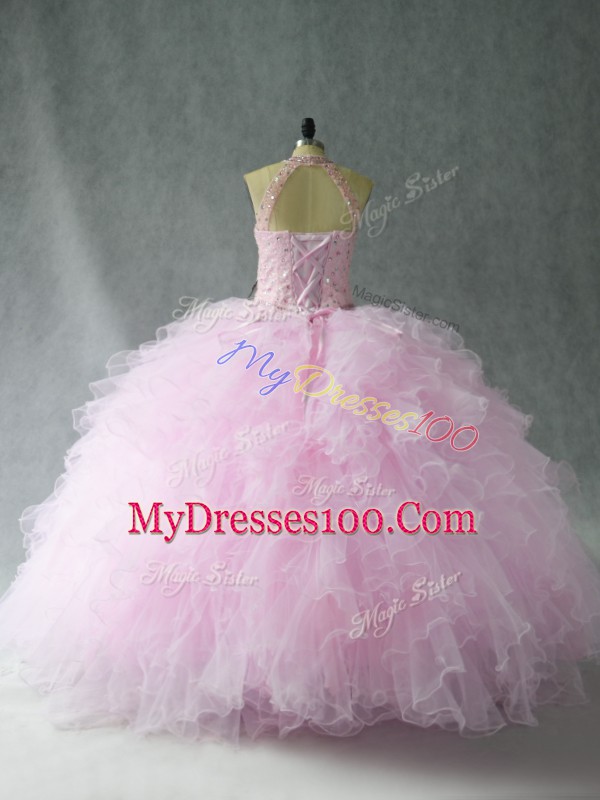 Delicate Pink Lace Up Halter Top Beading and Ruffles 15 Quinceanera Dress Tulle Sleeveless