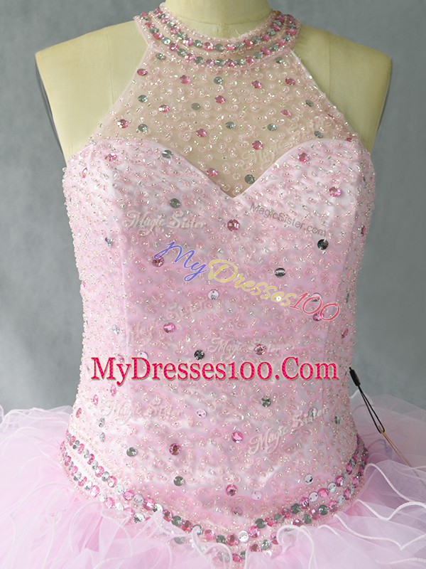 Delicate Pink Lace Up Halter Top Beading and Ruffles 15 Quinceanera Dress Tulle Sleeveless