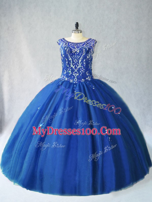 Artistic Floor Length Blue 15th Birthday Dress Scoop Sleeveless Lace Up