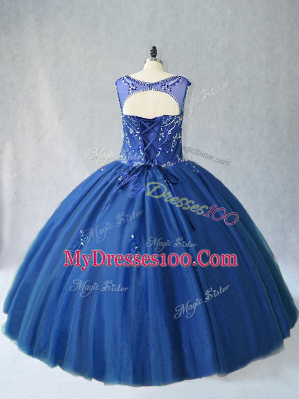 Artistic Floor Length Blue 15th Birthday Dress Scoop Sleeveless Lace Up