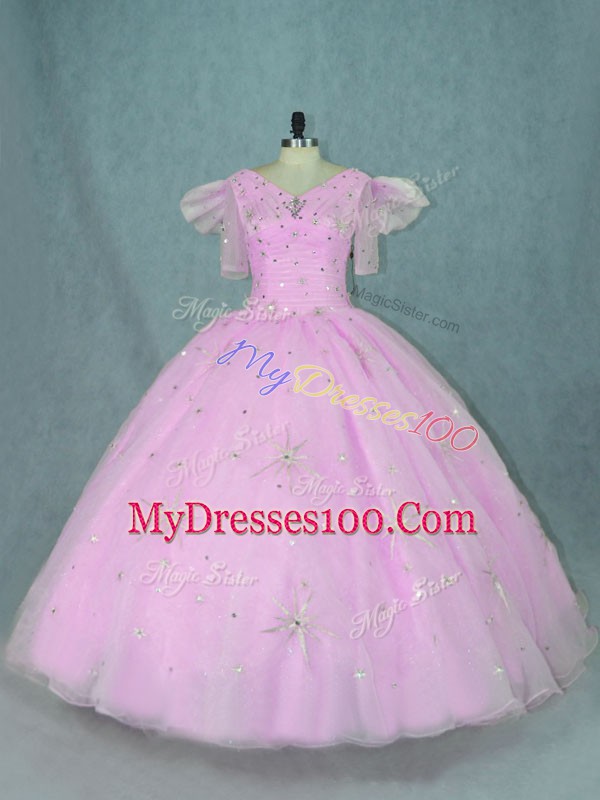Exquisite Floor Length Ball Gowns Short Sleeves Lilac Sweet 16 Dresses Zipper