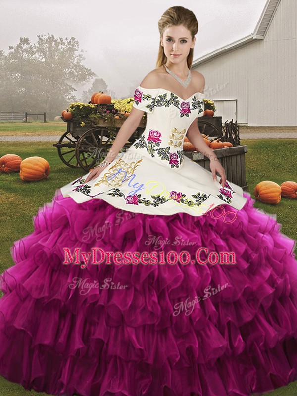 Fuchsia Organza Lace Up Off The Shoulder Sleeveless Floor Length Quince Ball Gowns Embroidery and Ruffled Layers