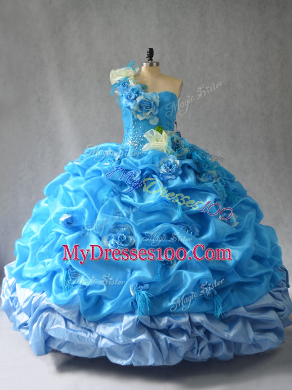 Chic One Shoulder Sleeveless Lace Up Ball Gown Prom Dress Baby Blue Organza