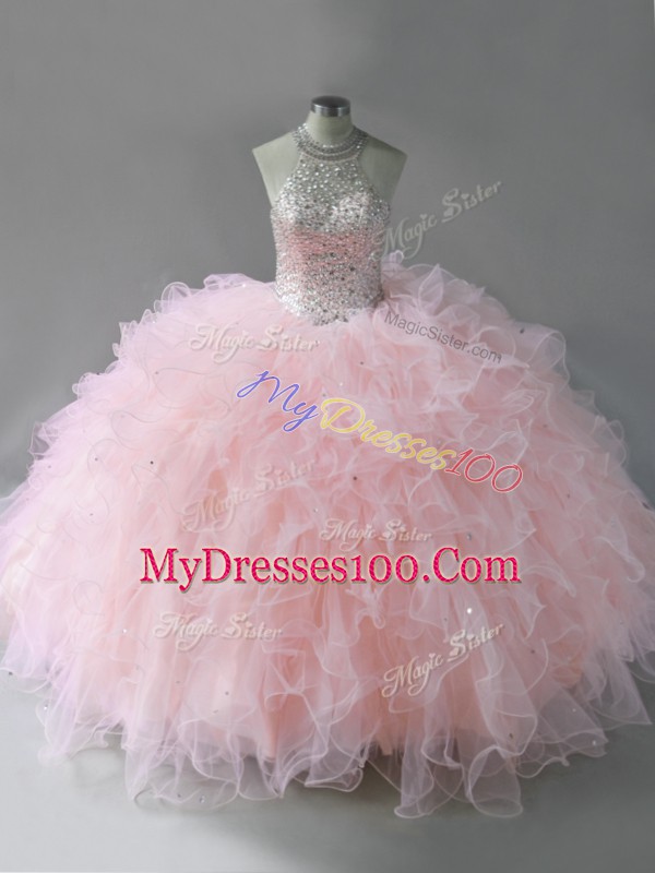 Traditional Pink Sleeveless Floor Length Beading and Ruffles Lace Up Quinceanera Dress