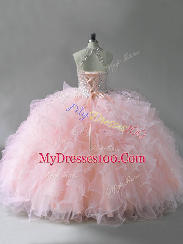 Traditional Pink Sleeveless Floor Length Beading and Ruffles Lace Up Quinceanera Dress
