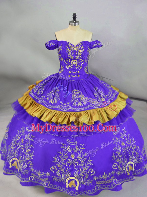 Sleeveless Satin Floor Length Lace Up 15 Quinceanera Dress in Purple with Embroidery