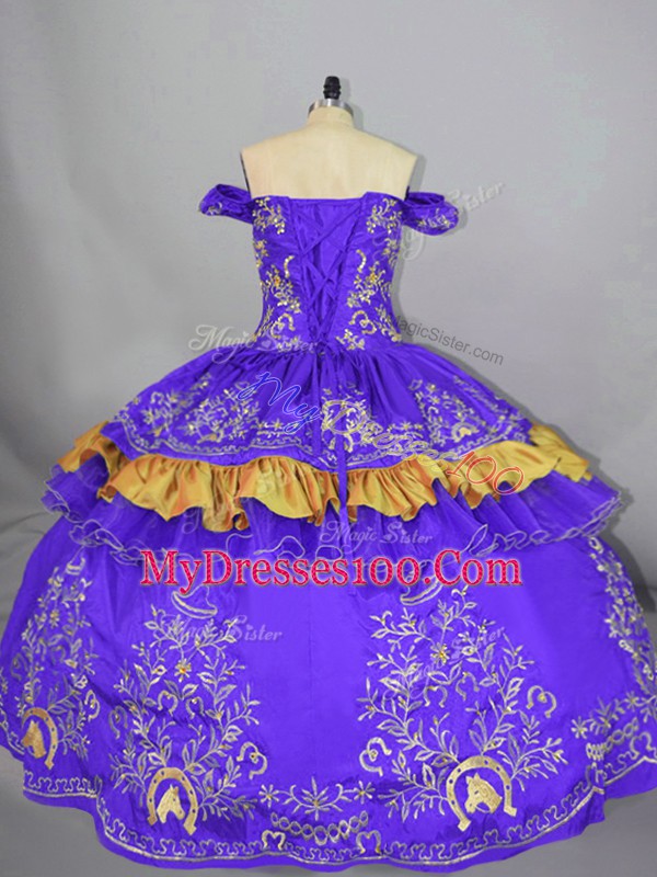 Sleeveless Satin Floor Length Lace Up 15 Quinceanera Dress in Purple with Embroidery