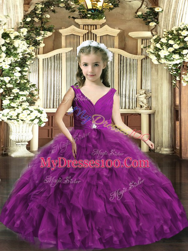 Beading and Ruffles High School Pageant Dress Eggplant Purple Backless Sleeveless Floor Length
