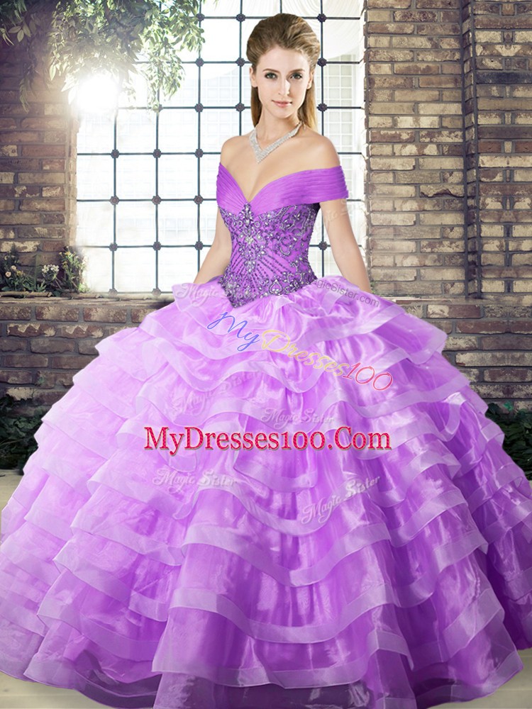 High Quality Lavender Ball Gowns Beading and Ruffled Layers Quinceanera Gown Lace Up Organza Sleeveless