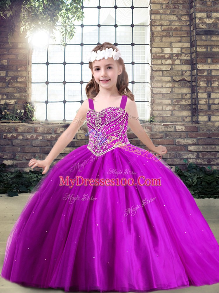 Graceful Fuchsia Ball Gowns Tulle Straps Sleeveless Beading Floor Length Lace Up Little Girl Pageant Gowns