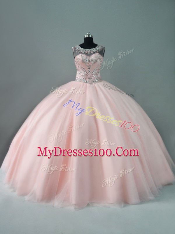 Peach Sleeveless Beading Floor Length 15th Birthday Dress
