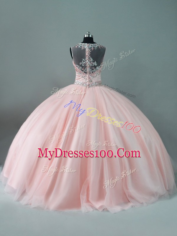 Peach Sleeveless Beading Floor Length 15th Birthday Dress