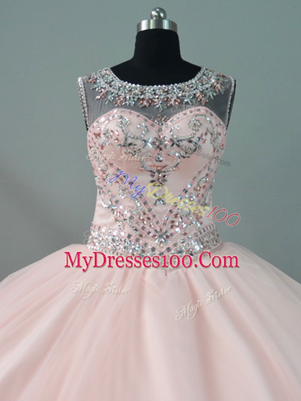 Peach Sleeveless Beading Floor Length 15th Birthday Dress