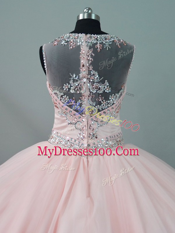 Peach Sleeveless Beading Floor Length 15th Birthday Dress
