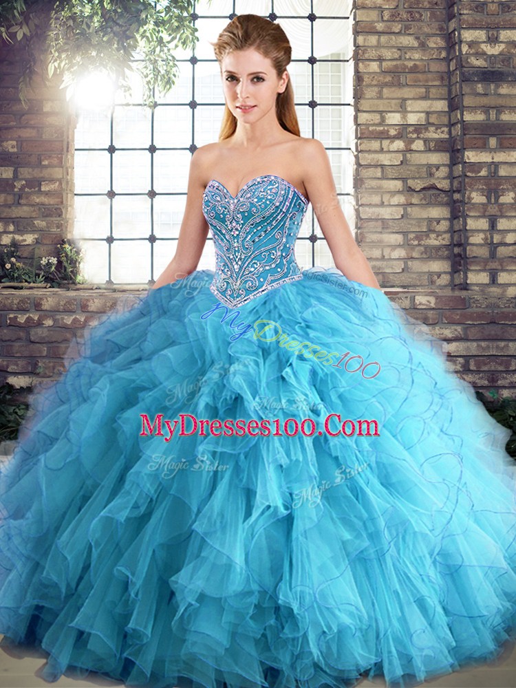 Low Price Aqua Blue Sleeveless Floor Length Beading and Ruffles Lace Up Quinceanera Dresses