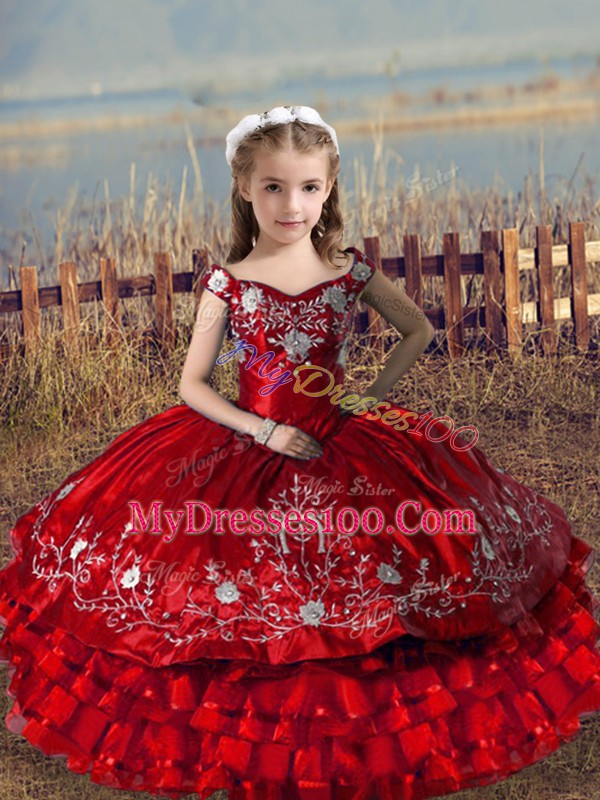 Nice Floor Length Red Glitz Pageant Dress Off The Shoulder Sleeveless Lace Up