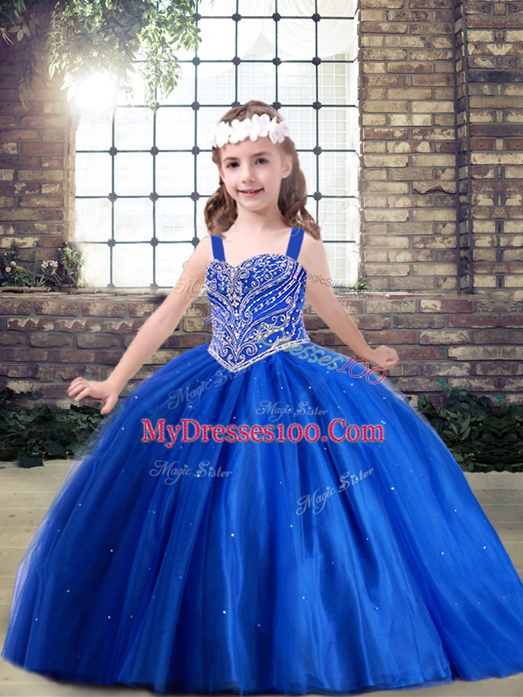 Hot Sale Royal Blue Straps Neckline Beading Little Girls Pageant Gowns Sleeveless Lace Up