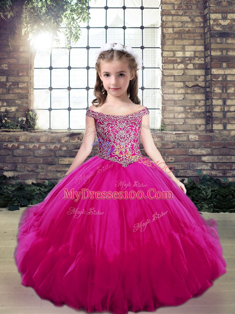 Fantastic Fuchsia Sleeveless Floor Length Beading Lace Up Little Girls Pageant Dress