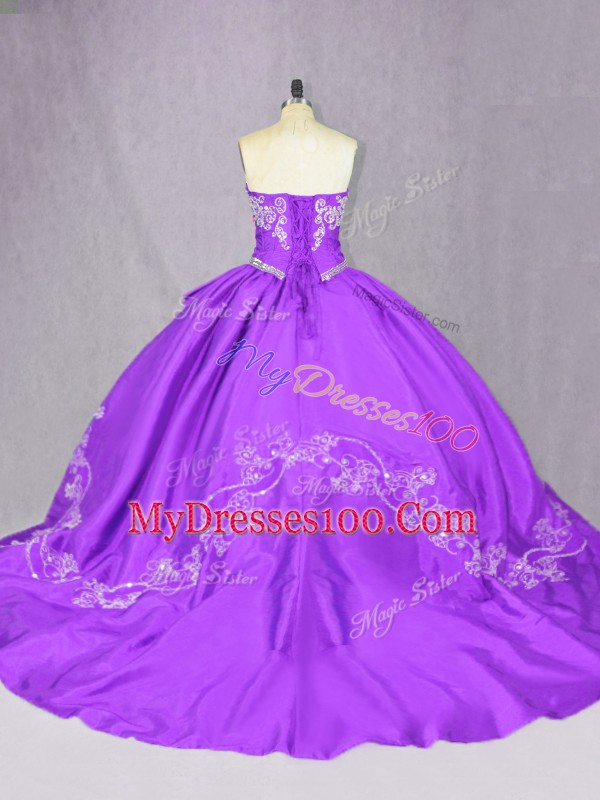 Pretty Sweetheart Sleeveless Ball Gown Prom Dress Court Train Beading Purple Tulle