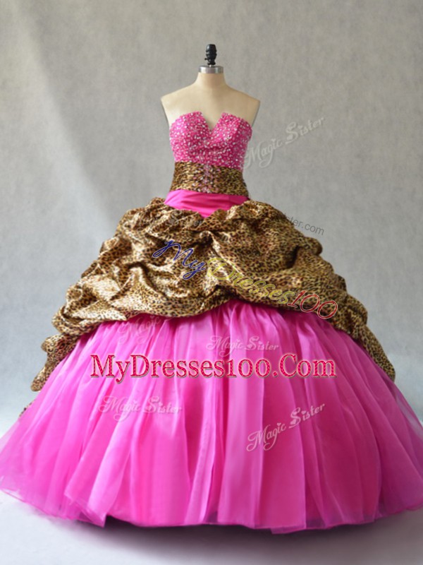 Sleeveless Beading and Pick Ups Lace Up Quinceanera Dress with Hot Pink Brush Train