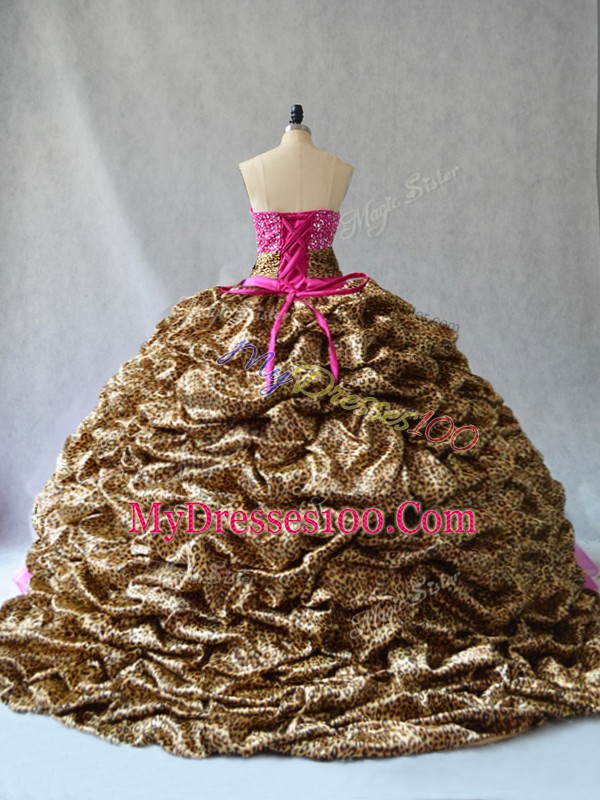 Sleeveless Beading and Pick Ups Lace Up Quinceanera Dress with Hot Pink Brush Train