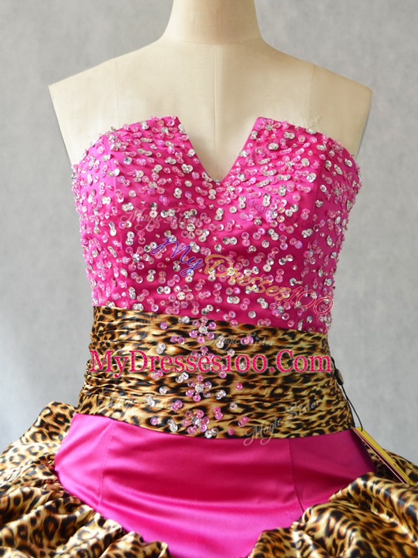 Sleeveless Beading and Pick Ups Lace Up Quinceanera Dress with Hot Pink Brush Train