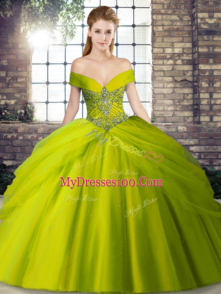 Olive Green Lace Up Off The Shoulder Beading and Pick Ups Ball Gown Prom Dress Tulle Sleeveless Brush Train