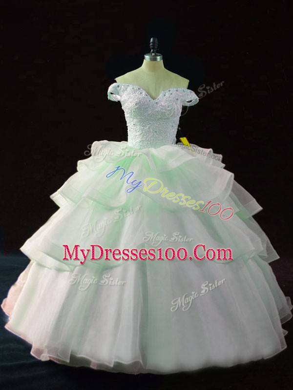 Trendy Apple Green Lace Up Off The Shoulder Beading and Ruffled Layers Quinceanera Dresses Organza Sleeveless Brush Train