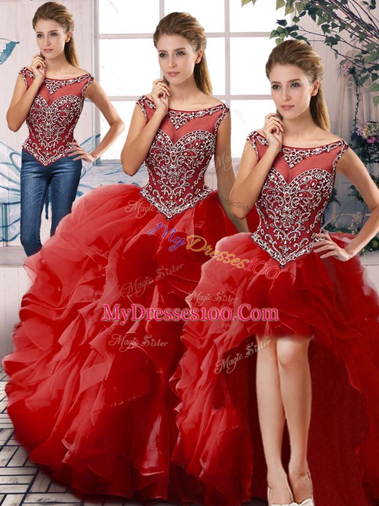 Traditional Sleeveless Floor Length Beading and Ruffles Zipper Sweet 16 Dress with Red