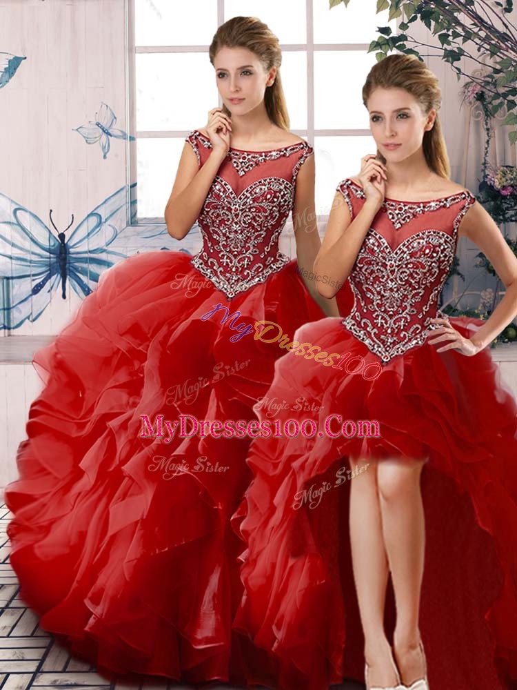 Traditional Sleeveless Floor Length Beading and Ruffles Zipper Sweet 16 Dress with Red