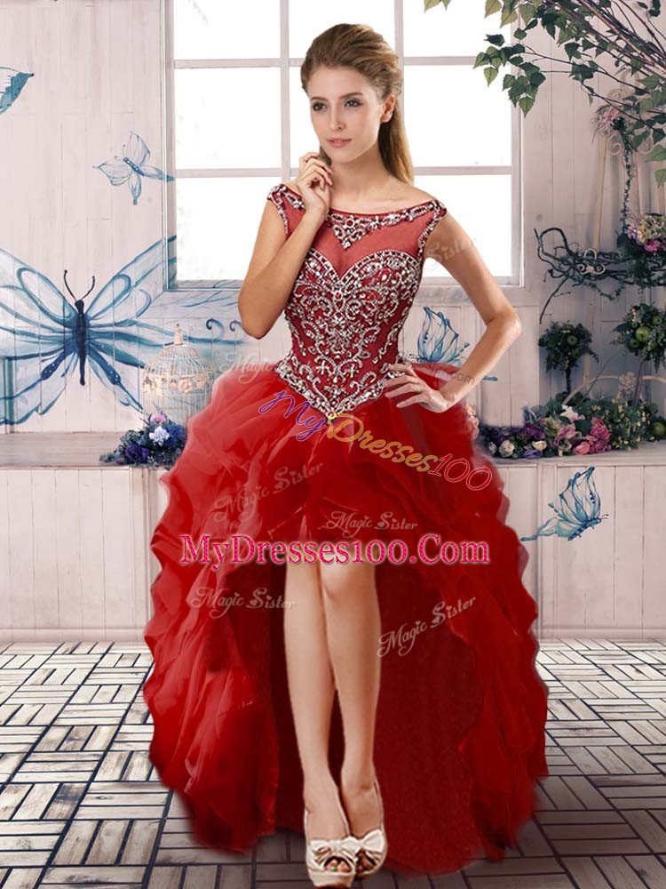 Traditional Sleeveless Floor Length Beading and Ruffles Zipper Sweet 16 Dress with Red