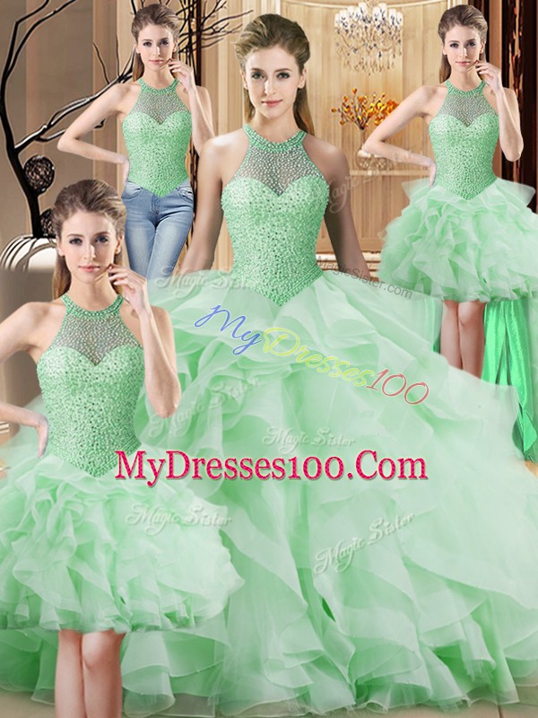Halter Top Sleeveless Brush Train Lace Up Quince Ball Gowns Apple Green Organza