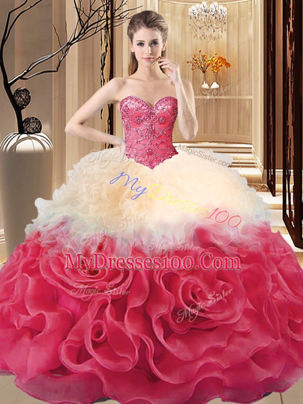 Ball Gowns Quince Ball Gowns Red Sweetheart Fabric With Rolling Flowers Sleeveless Floor Length Lace Up