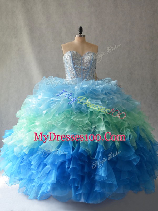 Multi-color Lace Up Sweetheart Beading and Ruffles Vestidos de Quinceanera Organza Sleeveless