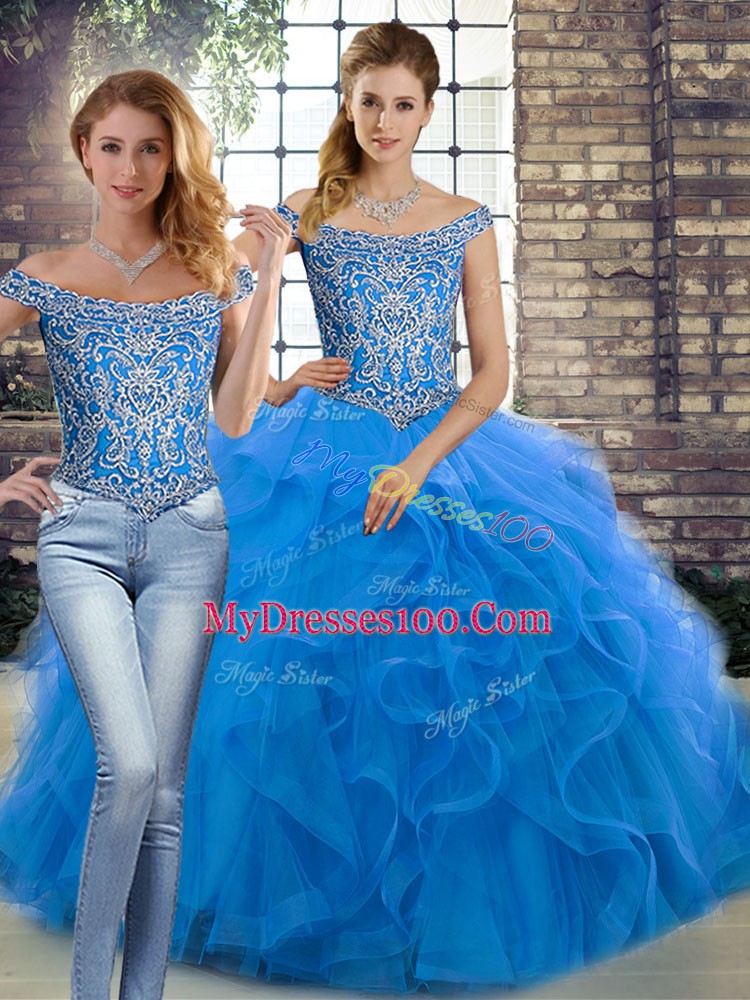 Sleeveless Brush Train Beading and Ruffles Lace Up Quinceanera Dresses