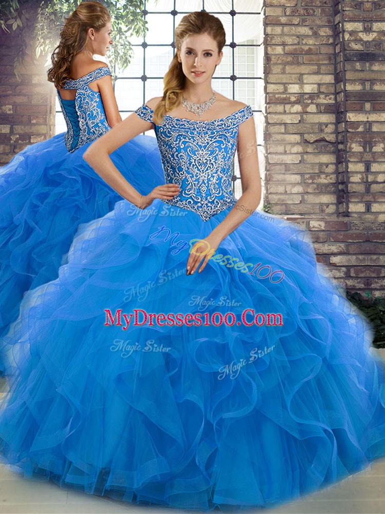 Sleeveless Brush Train Beading and Ruffles Lace Up Quinceanera Dresses