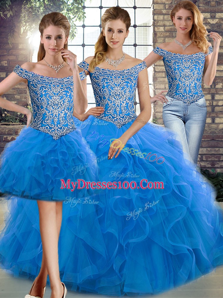 Modest Blue Sleeveless Brush Train Beading and Ruffles Ball Gown Prom Dress