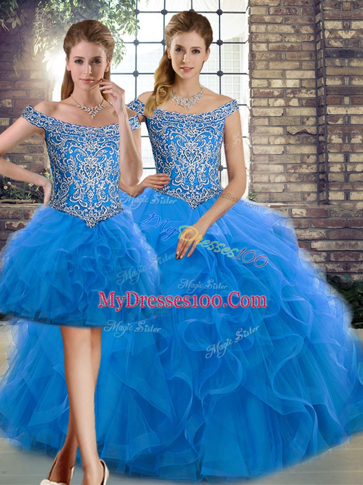 Modest Blue Sleeveless Brush Train Beading and Ruffles Ball Gown Prom Dress